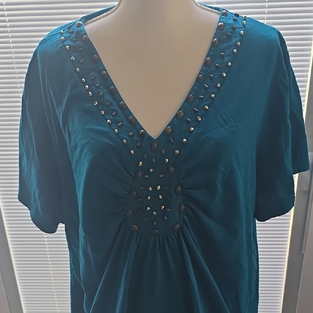 Basic Editions Teal Embellished Short Sleeve Blouse